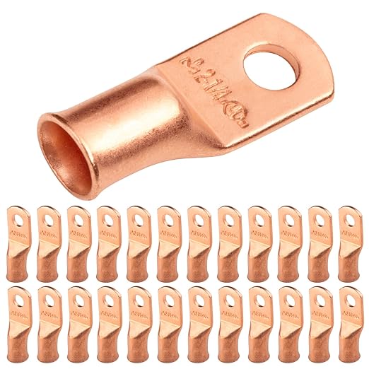 SELTERM 25pcs 2 AWG 1/4" Stud Battery Lugs, Ring Terminals, Heavy Duty Copper Wire Lugs, Battery Cable Ends, 2 Gauge Ring Terminal Connectors, UL Bare Copper Eyelets Electrical Battery Cable Lugs