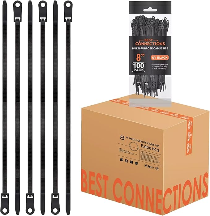 BEST CONNECTIONS Black Cable Ties – 5,000 Pcs Cable Zip Ties 8 Inch with Screw Down Hole for Mounting- Strong Nylon Wire Ties with 50 Lbs Tensile Strength – Cable Management Ties for Outdoor & Indoor