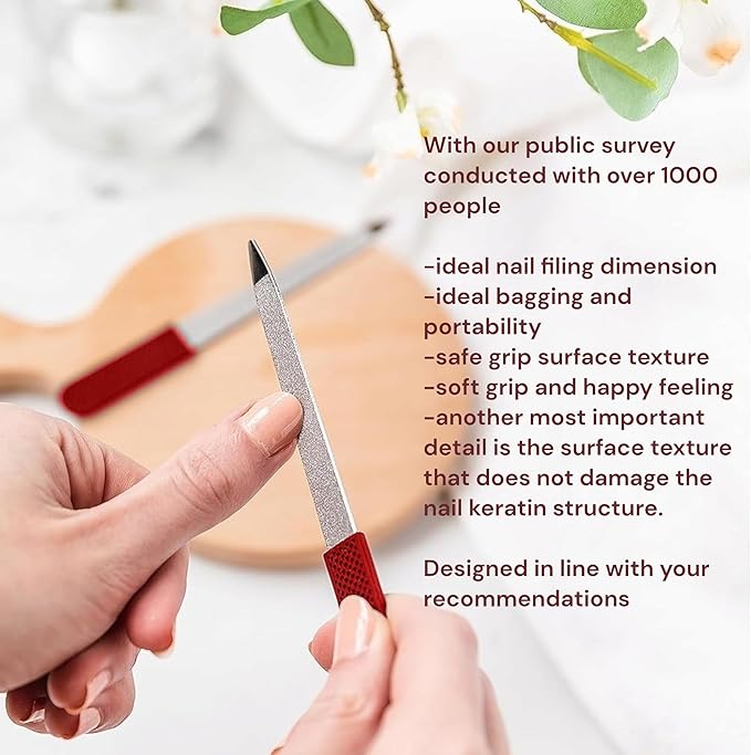 Professional Sapphire Nail File – Ruby Red, 5" Stainless Steel, Double-Sided Metal File, Ergonomic Non-Slip Handle, for Natural, Gel, Acrylic Nails, Manicure & Pedicure Tool