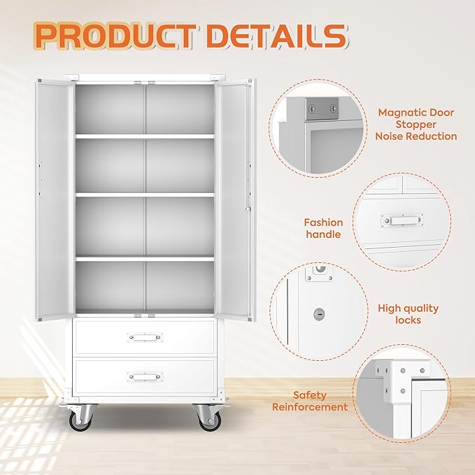 Rolling Storage Cabinet with 2 Doors and 2 Drawers, Heavy Duty Metal Storage Cabinet with Shelves, Locking Steel Cabinet for Warehouse, Home, Office (White)