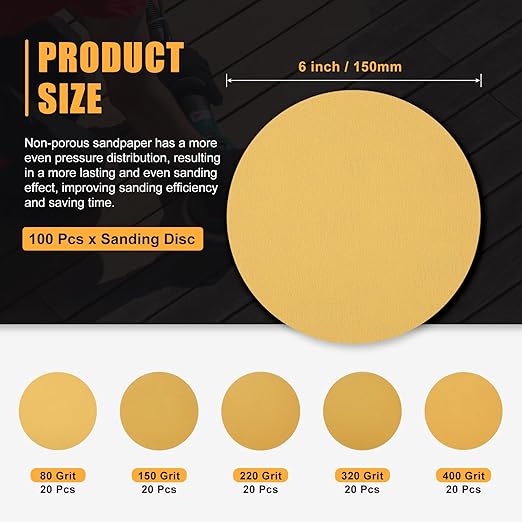 100 Pcs 6 Inch Sanding Disc 80/120/220/320/400 Grit Round Hook and Loop Sandpaper for Random Orbital Sander Automotive Car