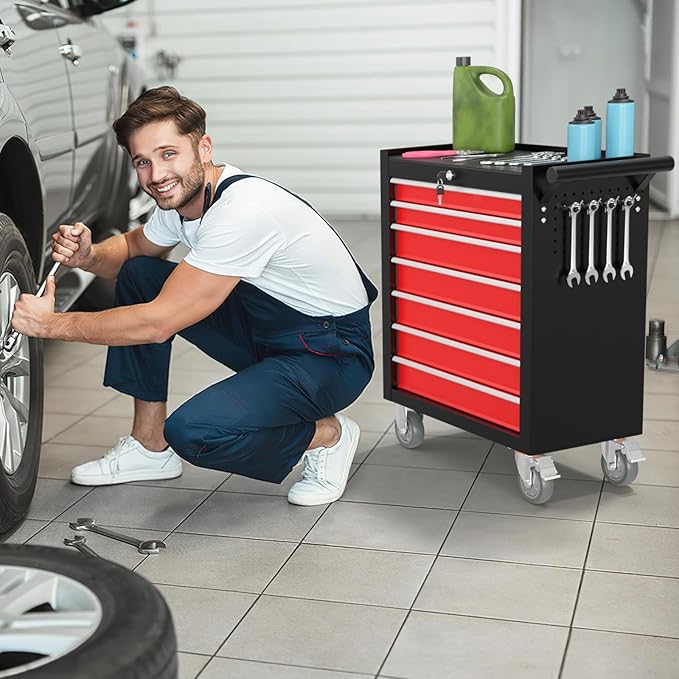 7-Drawer Rolling Tool Chest, Tool Box with 4 Wheels and Drawers, High Capacity Detachable Mobile Tool Storage Cabinet for Garage, Workshop, Mechanics and Repair Room (Black&Red)