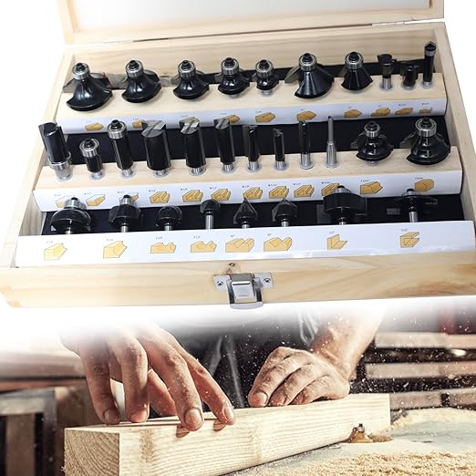 30pcs Router Bits Set,1/4" Shank Router Bit Big Collection 30-Piece Bits with Wooden Case,for Wood Edging,Trimming,Veining,Boring Tenon and Grooving,Carpenters' DIY Gift