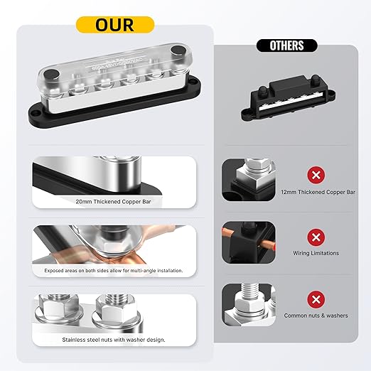 600A Power Distribution Block 12V Bus Bar 6 x 3/8" (M10) Terminal Studs 12 Volt Battery Busbar for Boat Automotive Solar Wiring