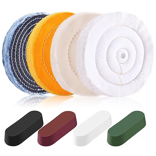 8PCS 6 Inch Buffing & Polishing Wheel Kit for Bench Grinder, 1/2" Arbor Hole, Denim/Yellow/White/Flannel Polishing Wheels with 4 Buffing Compound Set,Polishing Rouge Bars