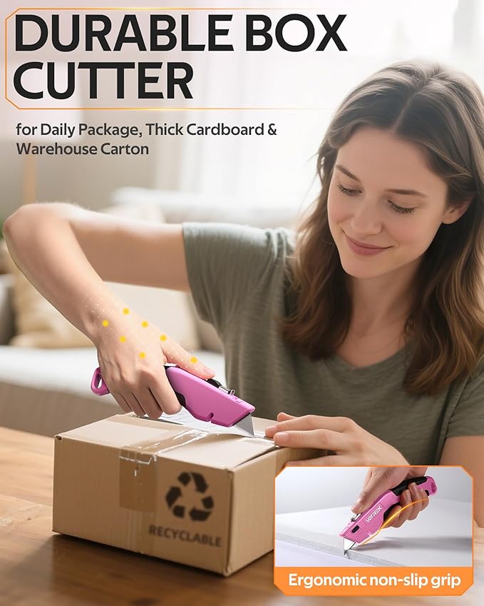 Box Cutter Utility Knife, 2-in-1 Safety Retractable Box Cutter for Women, Quick Change Razor Knife for Home, Office & DIY, Blade Storage Design, with Extra Sharp Razor & Hook Blades (Pink)