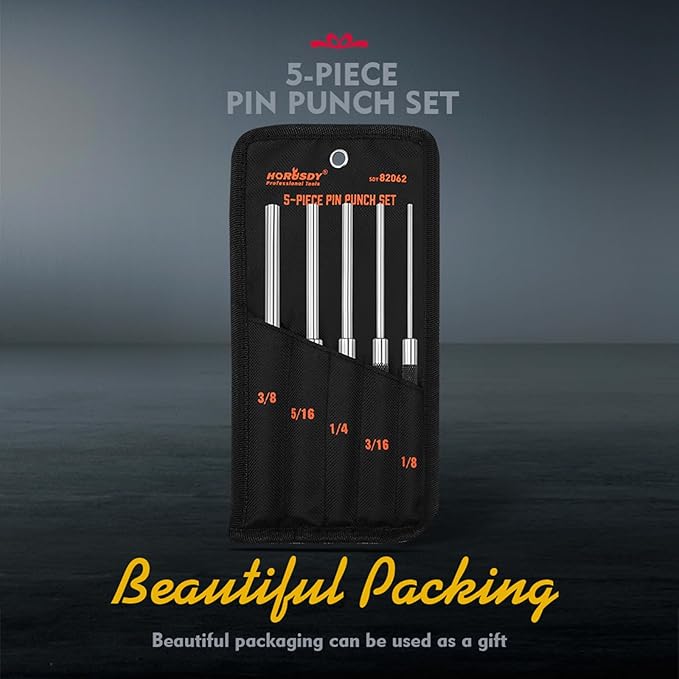 HORUSDY 5-Piece Roll Pin Punch Set, 8-Inch Carbon Steel Pin Punch Tool Kit (1/8" to 3/8") with Storage Pouch for Gunsmithing, Watch & Jewelry Repair