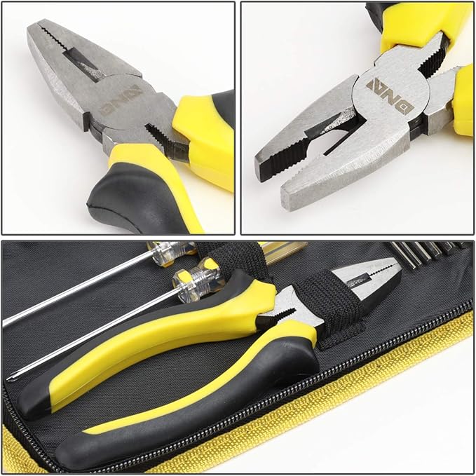 DNA MOTORING 16pcs Mechanic Home Repair Tool Set, Includes Pliers, Wrench, Hex Key, Screwdriver, Spirit Level,Tape Measurer, Mechanic repair set, w/Carrying Case, Yellow/Black, TOOLS-00029