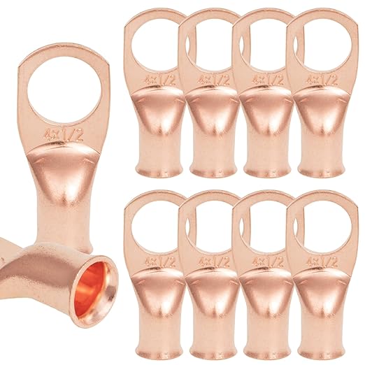 10 PCS 4AWG - 1/2''Stud Heavy Duty Copper Terminals,Battery Cable Crimp Lugs,Battery Cable Ends, Bare Copper Eyelets Tubular Ring Terminals,Closed End Crimp Electric Connectors