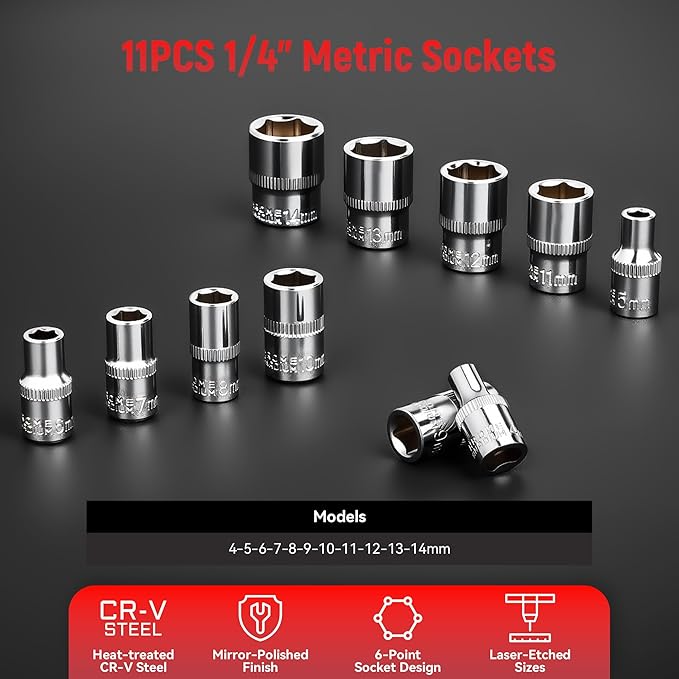 1/4" Socket Set, 43pcs Mini Ratchet Set, Metric Socket Wrench Set with S2 Bits, Small Ratchet, Compact Mechanic Tool Set for Car, Home & DIY Repairs(43pcs)