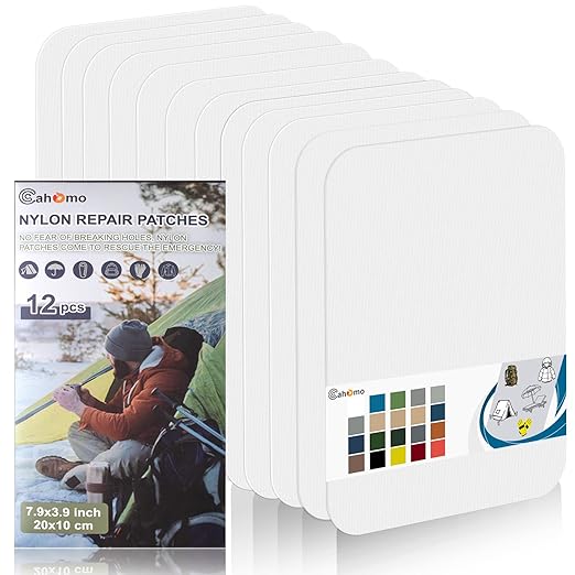 7.9x3.9 inch 12 PCS Nylon Repair Patch Nylon Repair Tape Self Adhesive Fabric Tapes Outdoor Camping Gear Fabric kit for Tent, Umbrella, Down Jackets, Sleeping Bag, Knapsack（White）