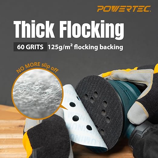 POWERTEC 5 Inch 8-Hole Hook and Loop Diamond Shaped Sanding Discs, 50PK, 60 Grit for Random Orbital Sanders – J-Weight Cloth Backing for Long Life, Anti-Clog Sandpaper (44906)