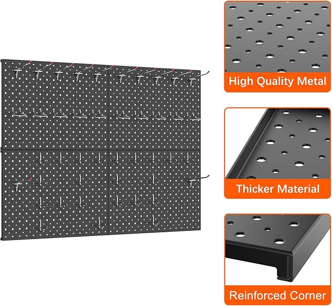TORACK 4Pcs 12"x16" Metal Pegboard Panels for Garage, Workbench, Shop, Shed Tool Organizer Peg Board with 1/8" & 1/4" Holes, Modular Wall-Mounted Pegboard for Pegboard Hooks (Black)