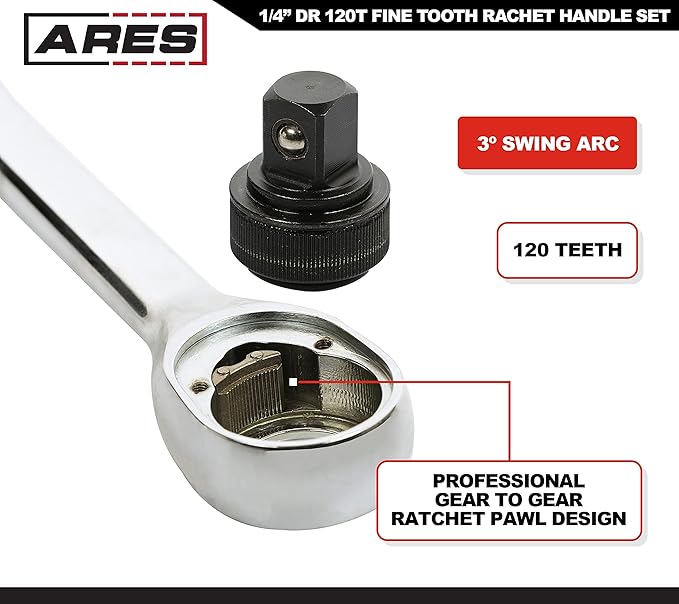 ARES 42068-1/4-Inch Drive 120 Tooth Ratchet – 3 Degree Swing Arc - Reversible Ratcheting Mechanism - Ergonomic Handle and Professional Gear Structure