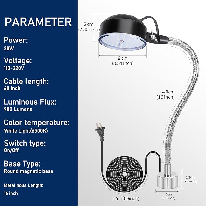 20W WangJiaTai Magnetic Work Light, LED Machine Work Light with 16 in Flexible Gooseneck and Magnetic Base, Shop Tool Lamp for Lathe, Work Bench,Machine,Grill,Industrial Lighting, 2000Lumens, Silver