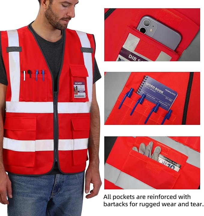 Dib Safety Reflective Vest High Visibility with Pockets and Zipper, Red 2XL