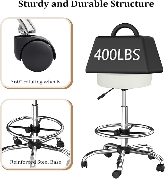 OmySalon Drafting Chair,Ergonomic Office Desk Chair with Back Support,Tall Adjustable Rolling Stool with Footrest & Thick Seat Cushion,Computer Chair for Salon Medical Spa Home Bar Kitchen, White