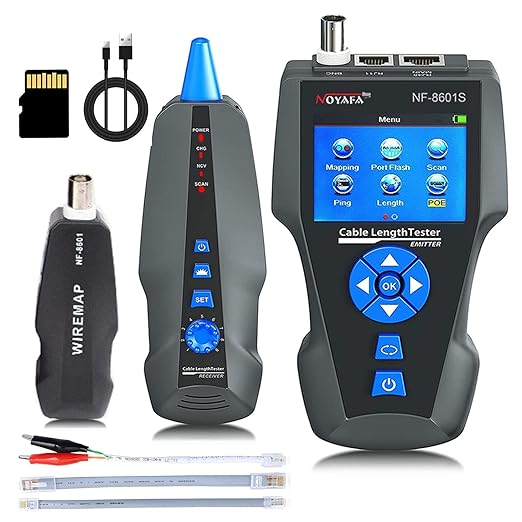Network Cable Tester, NF-8601S TDR Multifunction LCD Tracer for RJ45, RJ11, BNC, Metal Cable, PING/POE Length Measurement Phone Line Tracer, Diagnostic Tool Tester