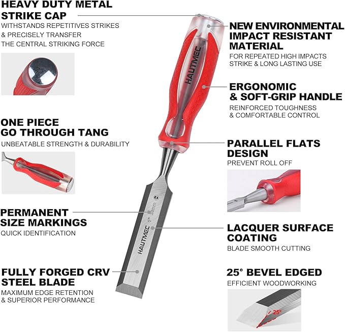 HAUTMEC 5-Piece Wood Chisel Set – High-Impact Drop-Forged CRV Steel, Fully Polished Beveled Edge Blades, Heavy-Duty Strike Cap & Extended Anti-Skid Handle – HT0365