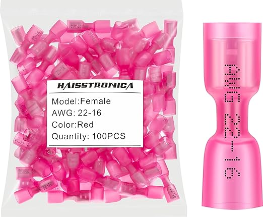 haisstronica 100pcs Red Heat Shrink Female Spade Connectors,22-16 Gauge Insulated Electrical Crimp Wire Terminals