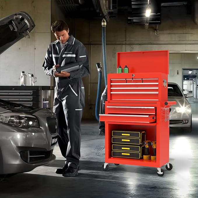 On Shine Rolling Tool Chest - 8 Drawer Large Capacity Metal Tool Box with Wheels, Locking Mechanisms; ideal for Garage, Workshop (Red)