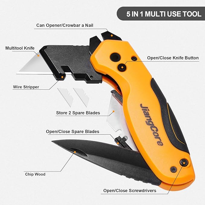 Folding Utility Knife with Pry Bar – Quick Change Box Cutter with Belt Clip, Liner Lock and 2 Extra SK5 Blades for Construction DIY and Outdoor Tasks
