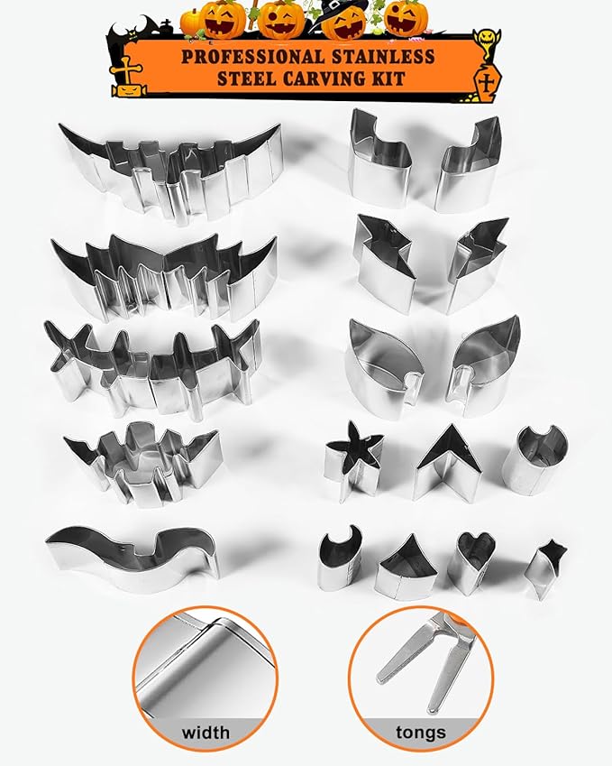 Pumpkin Carving Kit, 21 Pcs Stainless Steel Pumpkin Carving Stencils with 4 Halloween Carving Tools, Easy Safe and Durable for Kids Adults