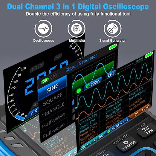 BTMETER 3-in-1 Handheld Oscilloscope Multimeter & DDS Generator, 2 Channel, 10MHz Bandwidth, 50MSa/s, 10000 Counts Digital Oscillograph for Testing Voltage Current Capacitors Resistors Diodes