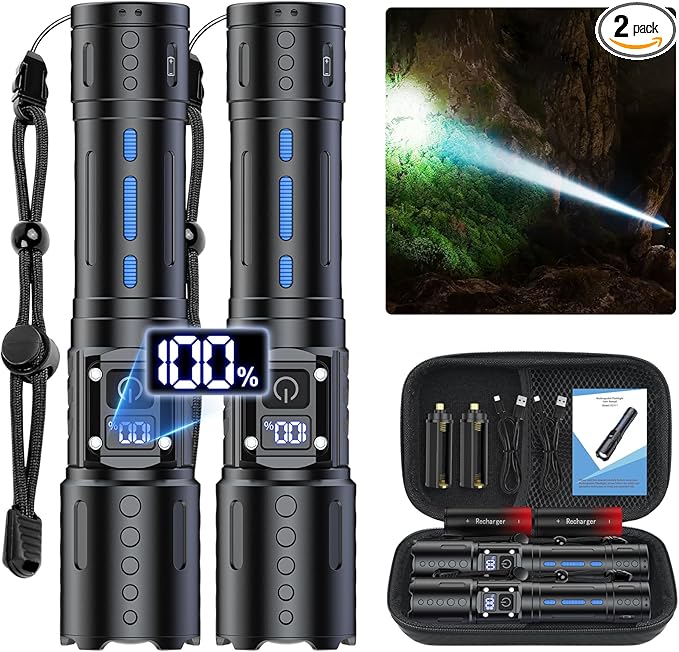 Flashlights High Lumens Rechargeable - Super Bright Tactical LED Flash Light, Dimmable&Memory Function Powerful Waterproof Flashlight for Camping,6 Modes,Zoomable,LCD Display (2, Black)