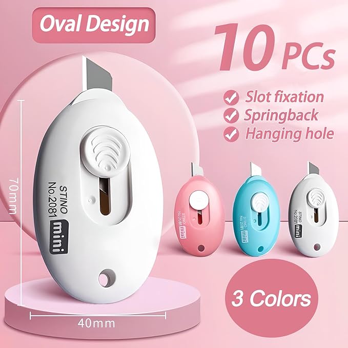 10PCs Mini Retractable Box Cutter Set for Office, Paper Cutter, Package & Letter Envelope Opener, Utility Knife with Keychain Hole, (MIni Utility Knife)