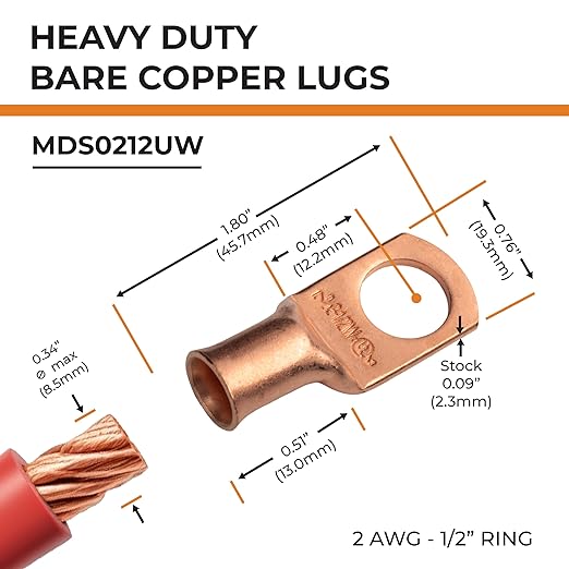 SELTERM 25pcs 2 AWG 1/2" Stud Battery Lugs, Ring Terminals, Heavy Duty Copper Wire Lugs, Battery Cable Ends, 2 Gauge Ring Terminal Connectors, UL Bare Copper Eyelets Electrical Battery Cable Lugs