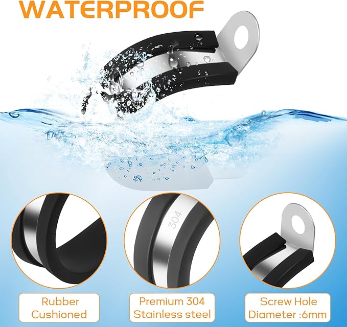 20 Pcs 3/4 Inch 304 Stainless Steel Cable Clamp, Rubber Cushioned Insulated Clamp, Conduits Pipe Strap Clamps for Pipe Fixing on Various Surfaces