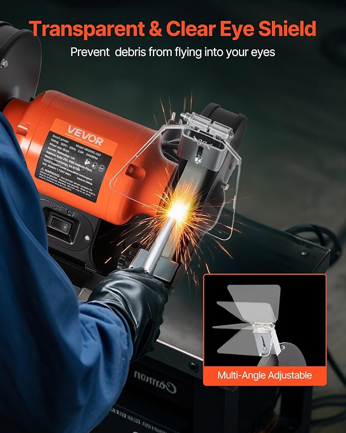 VEVOR Bench Grinder, 8-inch Single Speed Bench Grinder, 3450RPM High-Speed Table Grinders with 350W 3.0A Induction Motor, 36/60-Grit Grinding Wheel & Adjustable Eye Shield for Fast Sharpening Grinding