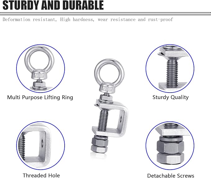 6-Pack Small C Clamps – 304 Stainless Steel Beam Clamps with M6 Screw Ring | Adjustable, Rust-Resistant I Beam Clamps for Ring Beams, Welding, Woodworking, Plants & Desk Use. Wide Jaw Openings (20MM)