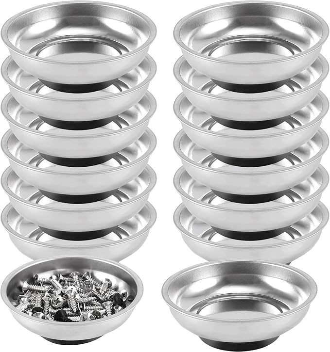 FUNSUEI 15 Packs 3 Inches Magnetic Tray, Stainless Steel Magnetic Bowl, Round Magnetic Parts Tray for Pins, Screws, Bolts, Nuts, Small Parts