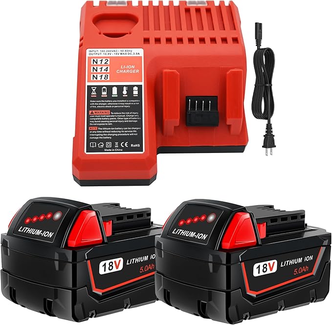 2 Pack 5.0Ah 18V Batteries and Charger Replace for Milwaukee M18 Battery 48-11-1850, Compatible with m18 Milwaukee Battery Charger Combo 48-11-1860 48-11-1815 48-11-1820 48-11-1828