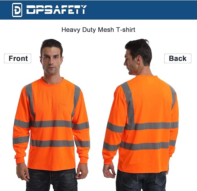 High Visibility Class 3 T Shirts，Hi Vis Safety Shirts with Reflective Strips and Pocket, Long Sleeve Quick Dry Mesh Construction Work Shirt for Men/Women Orange,Medium
