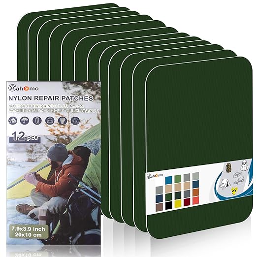 7.9x3.9 inch 12 PCS Nylon Repair Patch Nylon Repair Tape Self Adhesive Fabric Tapes Outdoor Camping Gear Fabric kit for Tent, Umbrella, Down Jackets, Sleeping Bag, Knapsack（Dark Green）