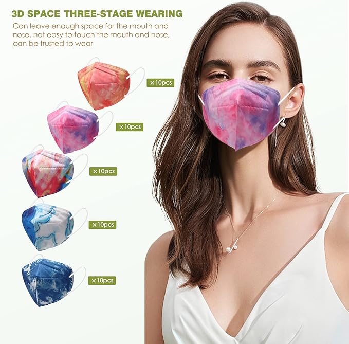 KN95 Face Masks 50 Pack Tie Dye Breathable Safety Respirator 5-Ply Multicolor Cup Dust Disposable KN95 Mask For Adult
