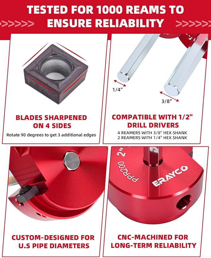 ERAYCO 6PCS PVC Pipe Reamer Kit, Plastic Pipe Fitting Reamer Tool, Fit into Standard 1/2" Drills, PVC Fitting Saver for SCH40 PVC CPVC ABS Pipe (3/4'', 1'', 1-1/2'', 2'', 3'', 4'')