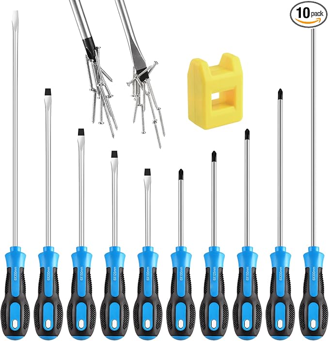 Magnetic long Screwdriver Set 10 PCS,5 Phillips and 5 Flat Head Precision Screwdriver,Professional Cushion Grip and Non-Slip for Repair Home Improvement Craft