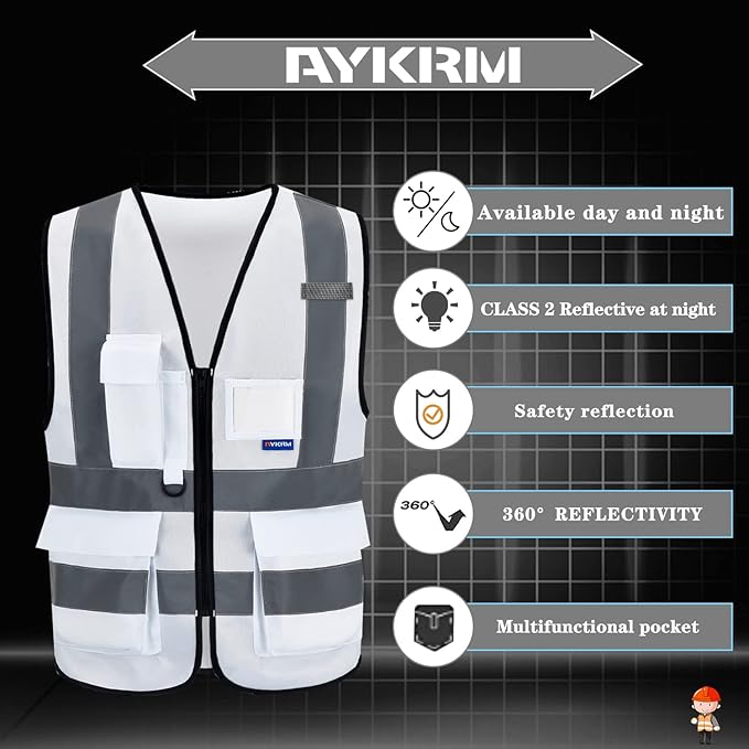 A-SAFETY Hi Reflective Safety Vest,Hi Vis Bright Neon Colors Safety Vest with 4 Reflective Strips 7 Pockets(White S)