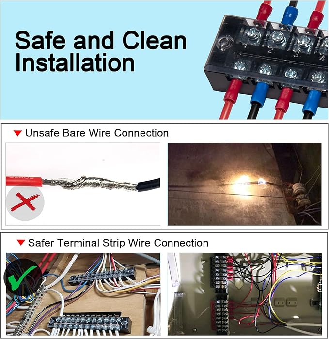 MILAPEAK Terminal Block and Strip - 6 Sets 8/10/12 Positions 600V 15A Dual Row Wire Screw Terminal Strip Block with Cover + 400V 15A Pre-Insulated Terminals Barrier Strips Jumpers (Black & Red)