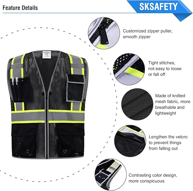 SKSAFETY 10 Pockets Safety Vest, Class 2 High Visibility Security with Zipper Double-sided mesh, Hi Vis Vest with Reflective Strips, ANSI/ISEA Standard, Construction Work Vest （Black, 3XL）