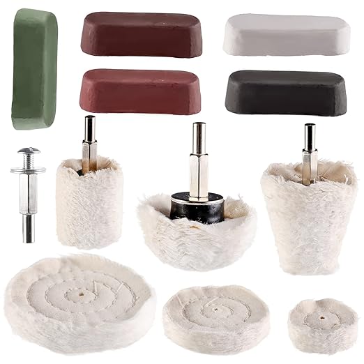 Hedume Set of 12 Buffing Pad Polishing Wheel Kits Included 5 Pack Rouge Compound, Cone, Column, Mushroom, T-Shaped Wheel Grinding Head with 1/4" Handle-for Manifold/Aluminum/Stainless Steel/Chrome