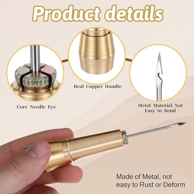 9pcs Canvas Leather Sewing Awl Needle with Copper Handle 45m Nylon Waxed Thread Cord with Thimble Assortment Kit Leather Sewing Tools for Canvas Shoe and Repair