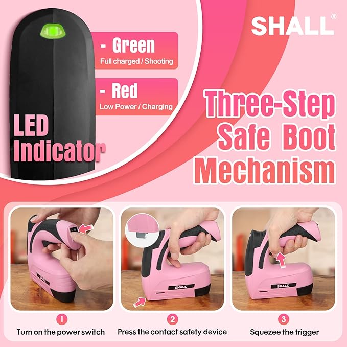 SHALL Pink Electric Staple Gun, 2 in 1 Cordless Upholstery Stapler Nail Gun for Wood, 4V Rechargeable Brad Nailer Kit w/ 2500 Staples Nails, Staple Remover & Fast Charger for Crafts, DIY, Decoration