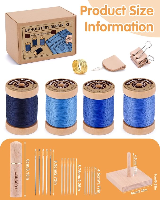 FOUSNOW Upholstery Repair Kit, Sewing Kit with Blue Sewing Threads, Professional Heavy Duty Sewing Kit for Home Repair Sewing Denim Clothes, Denim Bags, Jacket, Shoes, Wallets Crafts