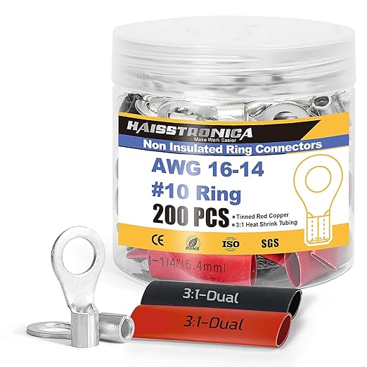 haisstronica Non Insulated Wire Connectors Kit，100pcs #10 Ring Terminals (AWG 16-14) with 100pcs 3:1 Heat Shrink Tubing for Automotive Marine，Brazed Seam Wire Crimp terminals