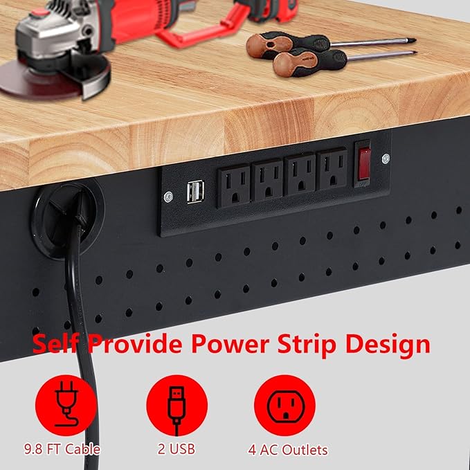 72'' Adjustable Workbench, Heavy Duty Workbench with Power Outlet and Lockable Wheels, 2000 LBS Capacity, Work Table Suitable for Office, Garage, Workshop
